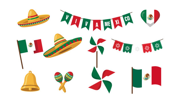 Collection of traditional mexican independence day icons including sombreros, flags, bells, maracas and bunting