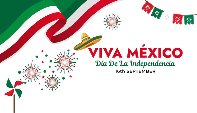 Viva mexico independence day greeting card with waving flag, festive sombrero, fireworks and paper decorations