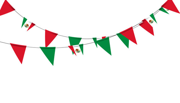 Festive bunting flags with Mexican flag patterns hanging on a string for national holiday and independence day