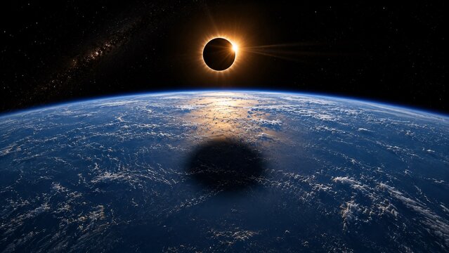 Breathtaking view of a total solar eclipse from outer space above Earth