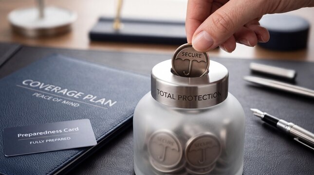 Financial security concept with coins in jar and insurance coverage plan documents on desk with labeled total protection