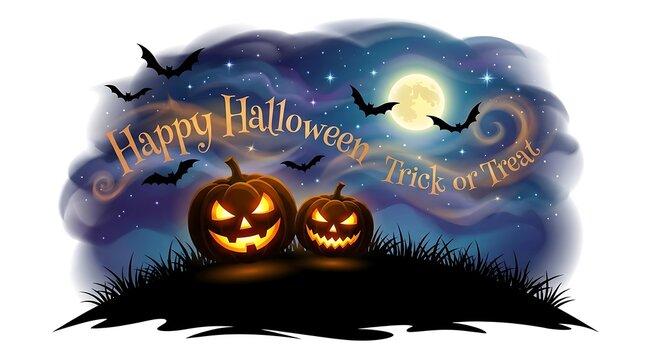 Halloween Night Scenery with Jack-o-Lanterns and Flying Bats Under Full Moon