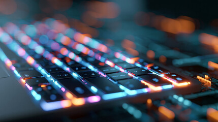 Fototapeta premium A vibrant illuminated close-up of a keyboard showcasing bright neon colors representing interactive AI tools concept, defocused keyboard environment, neon keyboard AI concept