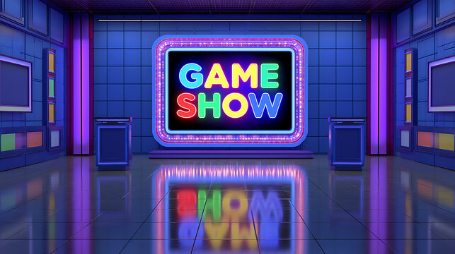 Vibrant Gameshow Stage with Neon Sign and Futuristic Design, Ready for Entertainment and Competition, Brightly Lit Studio Background