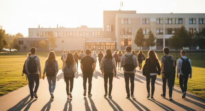 Group of students walking towards school building