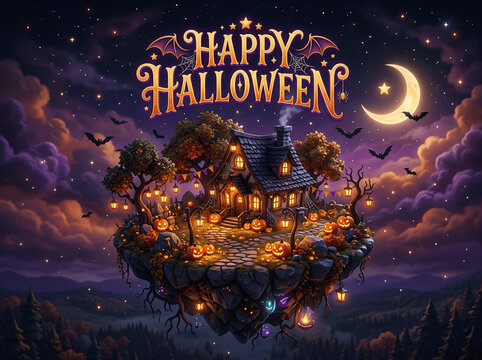 Haunted House on Hill with Full Moon and Bats in Spooky Halloween Night Scene