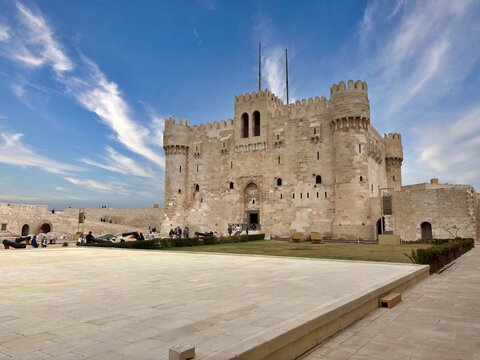 A view from the 15th-century Qaitbay Fort in Alexandria, Egypt. It was built from stones remaining from the Lighthouse of Alexandria, one of the wonders of the ancient world.