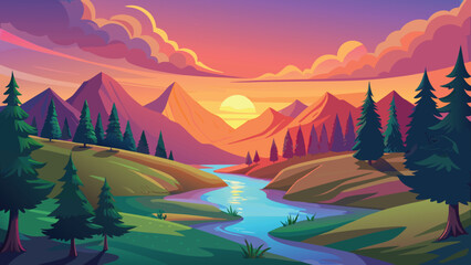 Mountain river valley during sunset with vibrant clouds and pine trees in a flat vector style © CreativeKamrul