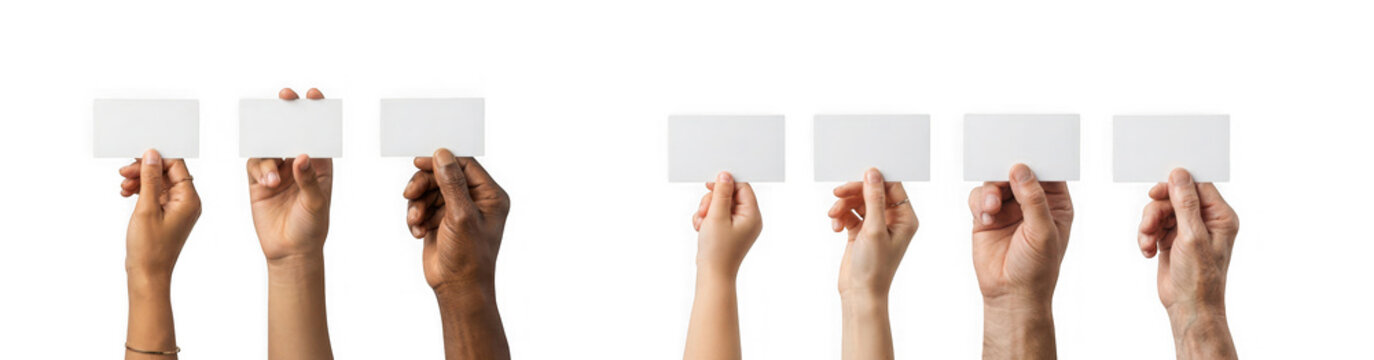 Diverse hands holding blank white cards isolated on transparent background