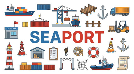 Obraz premium Detailed collection of flat line vector icons showcasing a bustling seaport, maritime trade, logistics, and shipping industry elements