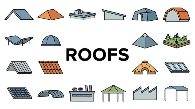 A comprehensive collection of various architectural roof designs, structural forms, and roofing styles, ideal for building construction and renovation project illustrations