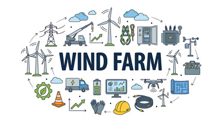 Naklejka premium An intricate visual guide to the essential components and advanced technology defining a wind farm, crucial for driving sustainable and clean energy generation