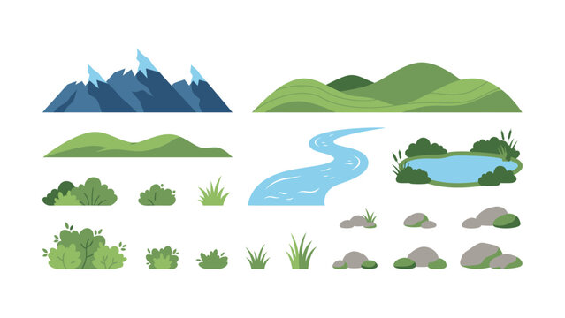 Collection of cartoon landscape elements with mountains rivers and plants on white background