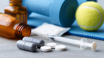 Naklejka premium Close up of performance enhancing substances, medical supplies, and athletic equipment for sports or fitness. doping in sport, addiction, steroid