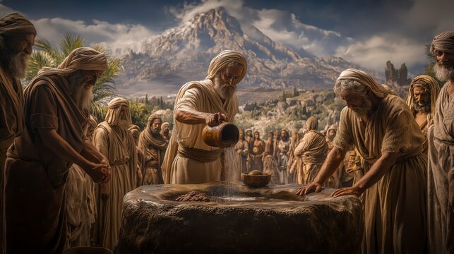 Elijah pours water upon the stone altar on Mount Carmel before the watching crowd, demonstrating unwavering faith as he calls upon the living God to reveal His glory and power.