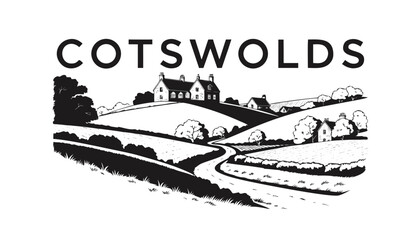 Very beautiful black and white realistic vector illustration of the Cotswolds countryside featuring a bold label reading "COTSWOLDS", gentle hills, stone cottages, winding country lane, peaceful rural © ehsanollah