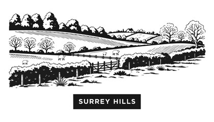 Obraz premium Very beautiful black and white realistic vector illustration of Surrey Hills featuring a bold label reading 