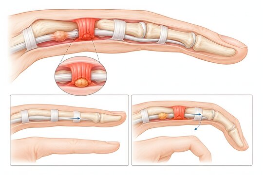 Trigger finger stenosing tenosynovitis tendon sheath diagram, hand orthopedic illustration - rigger finger showing flexor tendon nodule, A1 pulley stenosis and tendon locking mechanism