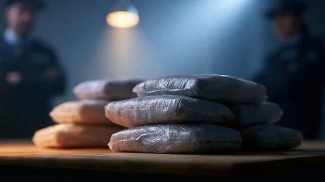 Sealed drug packages stacked on a table with law enforcement officers in the background
