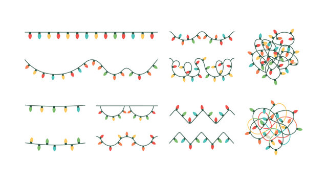 Colorful Christmas string lights in various shapes and patterns on white background