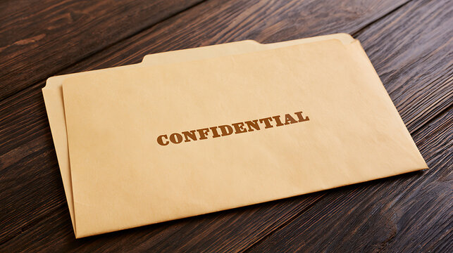 A manilla folder with the word "CONFIDENTIAL" stamped on its surface rests on a dark wooden table, highlighting privacy and secret information
