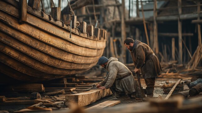 Viking craftsmen construct a sturdy longship in a wooden shipyard, shaping massive timbers with skill and precision to prepare for future voyages across the northern seas.