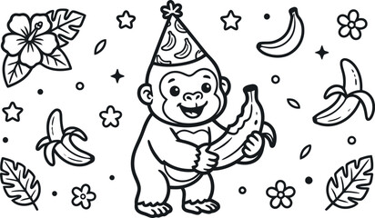 Fototapeta premium Birthday party monkey cartoon character line art illustration for kids activity book.