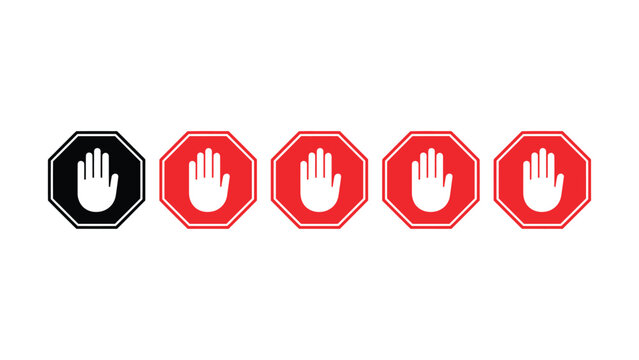Five octagonal hand stop signs in red and black on transparent background