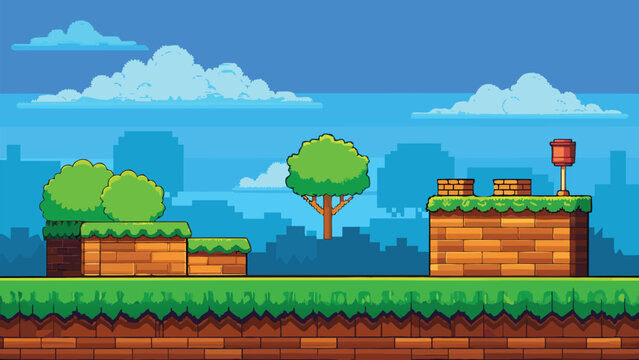 Pixelated 8-bit landscape with platforms and clouds during daytime vector illustration