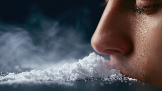 Close-up of a person's nose inhaling a line of white powder with smoke
