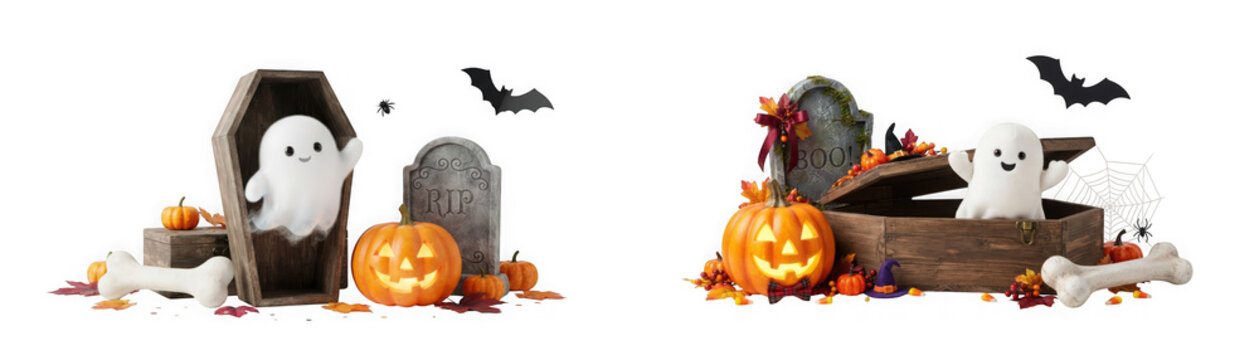 Halloween ghost and pumpkin decorations with tombstones and bats isolated on transparent background