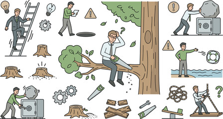Business risk metaphor vector set showing businessman sawing tree branch climbing unstable ladder pushing boulder and facing work obstacles © Ratna
