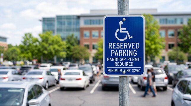 Disabled Parking Sign Requiring Permit in Public Parking Lot, Accessible Reserved Parking Space