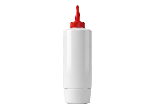 Empty white plastic squeeze bottle with a red cap for condiments like ketchup or mustard