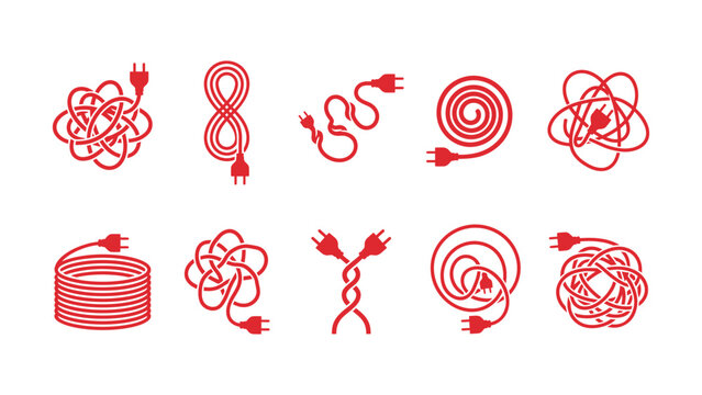 Red electric cable wire plug icons in various tangled and coiled shapes on white background