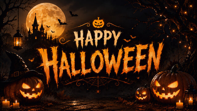 Spooky Halloween Night Scene with Jack-o-Lanterns and Full Moon in Dark Forest