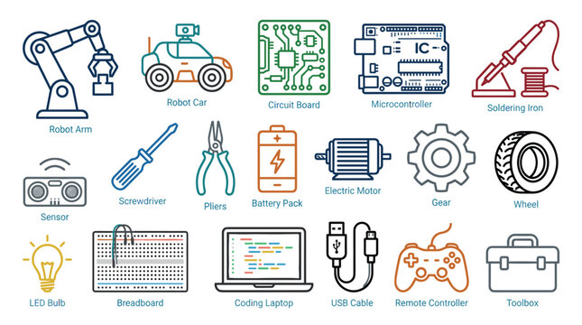 Various electronics and robotics components and tools are depicted as a comprehensive collection of colorful line art icons for engineering and STEM education.