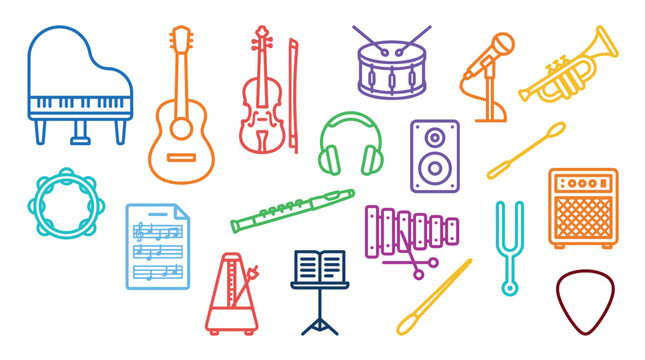 Colorful musical instruments and accessories outline icons are arranged in a vibrant, playful pattern, representing the diverse world of music.