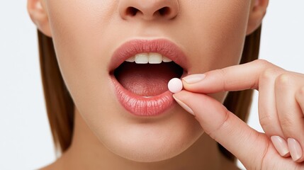 Naklejka premium Close-up of a woman's open mouth with a pink pill being placed on her tongue