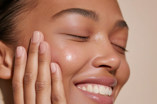 Woman with closed eyes smiles while applying cream to her cheek in a studio close-up. Beauty skincare concept: moisturizer, healthy skin, self-care, wellness, natural radiance, cosmetic routine.