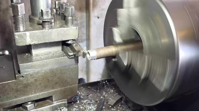 Close-up of metal lathe machine in action, cutting metal workpiece
