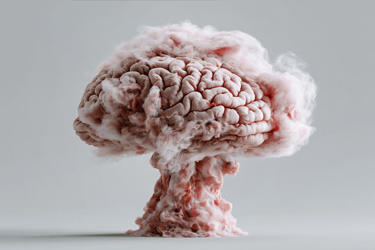 A human brain erupts into a nuclear mushroom cloud on a neutral background. Themes: mental overload, stress, war, power, apocalypse, creativity, science, politics.