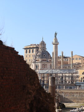 Trajan's Column and historic architecture in Rome, Italy