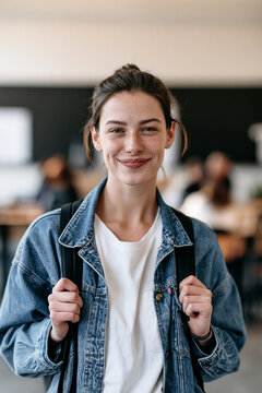 A teenage female student smiles in a school hallway holding her backpack straps. Youth portrait for education, confidence, student life, casual fashion, study, wellbeing, diversity, lifestyle.