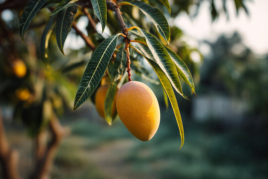 Yellow ripe mango hang from a leafy tree branch in a tropical garden. Fresh tropical fruit on branch, harvest, agriculture, nature, healthy food, summer, organic farm produce.