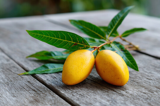 Ripe yellow mango with stem and green leaves on wooden table background. Fresh tropical fruit, healthy eating, summer produce, organic, natural, food photography.