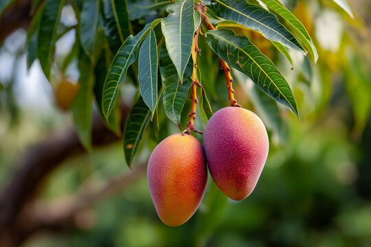Two ripe mangoes hang from a leafy tree branch in a tropical garden. Fresh tropical fruit on branch, harvest, agriculture, nature, healthy food, summer, organic farm produce.