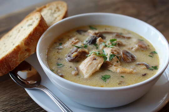 A bowl of rotisserie chicken and mushroom soup topped with rosemary sits on a cloth beside a spoon. Comfort food, homemade dinner, creamy soup, healthy protein, cozy meal, recipe, food photography.