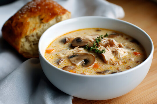 A bowl of rotisserie chicken and mushroom soup topped with rosemary sits on a cloth beside a spoon. Comfort food, homemade dinner, creamy soup, healthy protein, cozy meal, recipe, food photography.