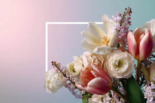 A blank card framed by different spring flowers on pastel surface. A soft pastel floral composition with a centered empty greeting card. Spring, Mother's Day, Valentine ideas.